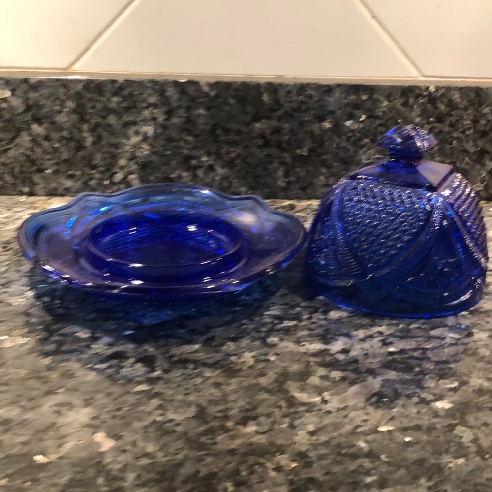 Vintage cobalt blue round covered butter dish